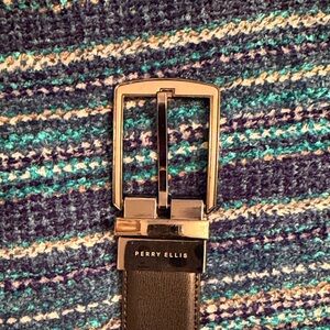 Perry Ellis Black / Brown Leather Belt with Silver/Black Buckle Size 44